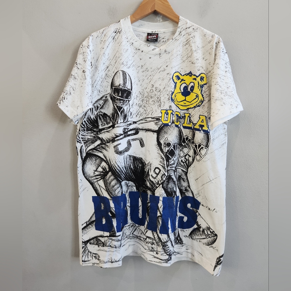 Vintage 90s UCLA Bruins Football All Over Print Shirt Double Sided Size Large
